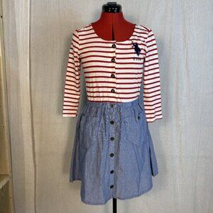 US Polo Assn Women's Size M Dress Red & White Striped Chambray Bottom LS F424